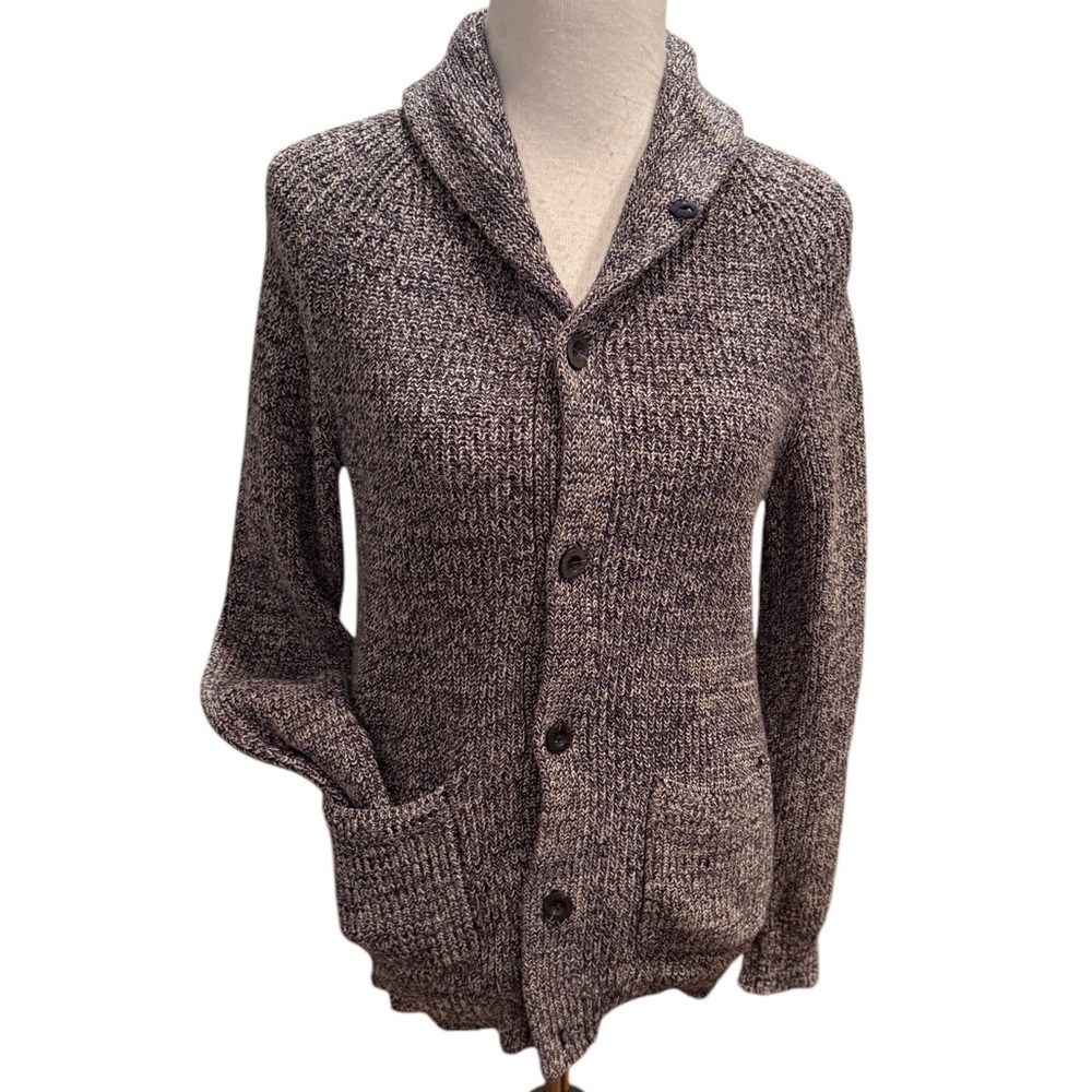 H&M L.O.G.G Women’s Tan Shawl Collar Knit Button Up Sweater Grandma Chic. Size S